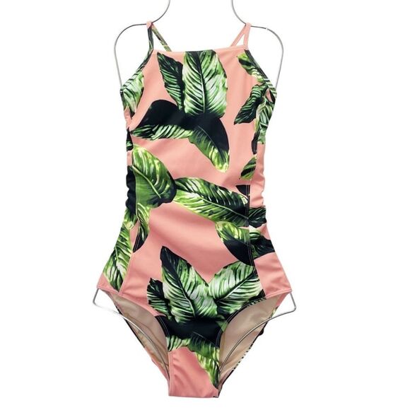 Albion Waikiki One Piece Swimsuit Pink Green Leaf Print Lace Up Back Size Medium - Picture 2 of 14